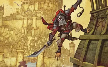 Armored figure leaping from a ship, city and text "ARKAND CITY OF WAVES AND FLAMES" below.