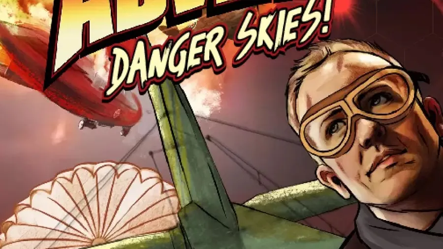 Cover art for Trinity Continuum: Adventure! Danger Skies! featuring a man in goggles and a dark jacket, holding a parachute. Bold red and yellow text reads "TRINITY CONTINUUM: ADVENTURE! DANGER SKIES!" in a retro style. Background shows a zeppelin and fiery explosion.