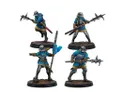 Four miniatures are displayed, each depicting armored soldiers in blue and gold attire. They wield various weapons, including a spear and a spiked mace, and are posed dynamically on textured bases. The figures showcase intricate details, such as helmets and clothing, emphasizing their role as experienced soldiers in a fantasy setting.
