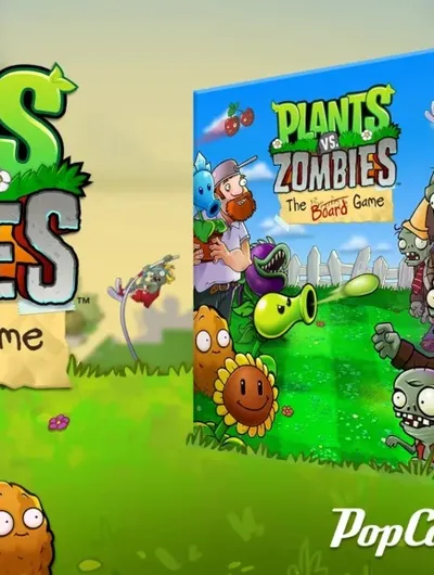 The image features the logo and box art for "Plants vs. Zombies: The Board Game." The logo is prominently displayed in bold green and red letters, with playful plant and zombie illustrations surrounding it. The box art showcases various iconic characters from the franchise, including a Peashooter and a zombie, set against a colorful garden backdrop. The branding includes the names "PopCap" and "Mantic" at the bottom.