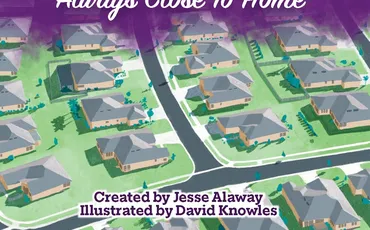 HOA logo with text "Always Close To Home" over a suburban neighborhood map and silhouettes of people.
