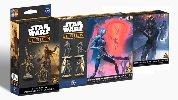 Two boxes from the "Star Wars: Legion" tabletop game are displayed side by side. On the left, the "BX-Series Droid Commandos" box features a blue droid with a weapon, set against a vibrant red and orange background depicting other droids in action. On the right, the "Imperial Special Forces" box showcases a dark-clad soldier aiming a weapon, with a dramatic backdrop of blue tones and red highlights, emphasizing a tense atmosphere.