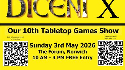 A bright yellow poster announces the 10th Diceni Tabletop Games Show, featuring bold black text that reads "DICENI X" at the top. Below, details include the date, "Sunday 3rd May 2026," and the location, "The Forum, Norwich," with event hours from 10 AM to 4 PM and a note that entry is free. The design includes a silhouette of a dragon and other fantasy elements, along with a QR code for additional information.