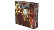 A box for the "Dungeons & Dragons Onslaught: Tomb of Horrors - Maps & Monsters Expansion" features dramatic artwork depicting a menacing demilich and skeletal figures, set against a dark, ominous background. The title "ONSLAUGHT" is prominently displayed at the top, with additional text indicating the expansion's focus on maps and monsters. The box design includes various symbols and icons related to gameplay, emphasizing its compatibility with other Dungeons & Dragons Onslaught titles.