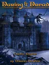 Dark fantasy castle with arched entryway, stone walls, and battlements. A dragon perched on the right tower. Text reads: "Castle Engine by Darrin Drader."
