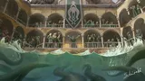 Cultists dressed in green have gathered in a half-submerged palazzo and are praying towards the waters. A few tentacles move underwater towards the cultists.