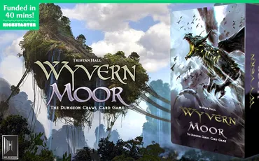 "Wyvern Moor Dungeon Crawl Card Game" book cover and floating island landscape.