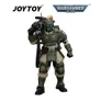 Green-armored Warhammer 40,000 action figure with helmet, gun, and hose. JOYTOY and Warhammer 40,000 logos above.