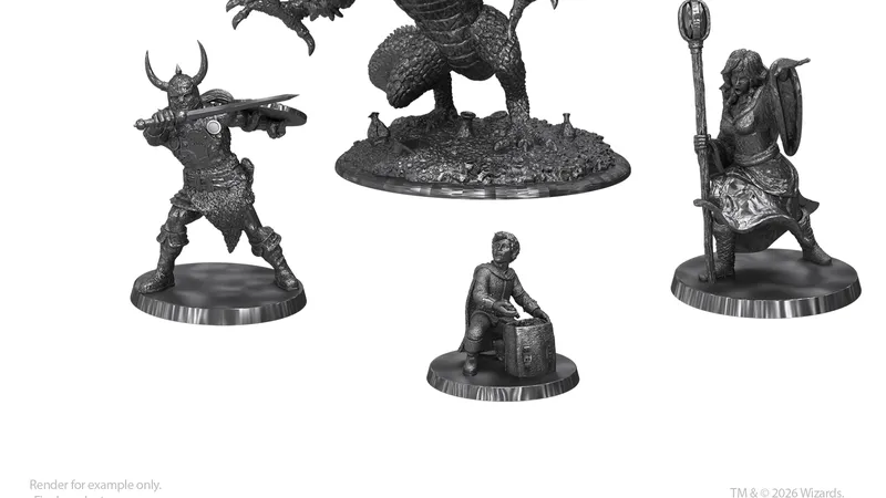 Gray metal miniatures: dragon, warrior, mage, thief on bases.