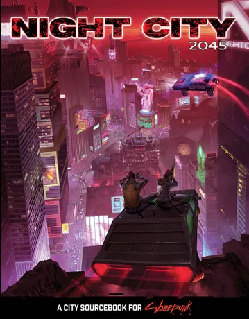A vibrant, futuristic cityscape of Night City is depicted, showcasing towering skyscrapers adorned with neon lights and holographic advertisements. In the foreground, two figures sit on a rooftop, gazing out over the bustling streets below, where a flying police vehicle zips through the air. The sky is a striking gradient of red and purple, enhancing the cyberpunk atmosphere of the scene.