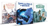 Three hardcover books from the Tunnels & Trolls: A New Age campaign are displayed. The left book, titled "Hazar: City of a Thousand Guilds," features a colorful illustration of a bustling city scene with various characters and buildings. The center book, "Tunnels & Trolls: A New Age - Core Rulebook," showcases a dramatic image of a character facing a large creature in a cave-like setting. The right book, "Cavern of the Petrified Throne," has a more subdued design with intricate artwork.