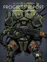 Green armored mech with red accents, holding a large gun labeled "DN". Text above: "PROGRESS REPORT ISSUE NINE".