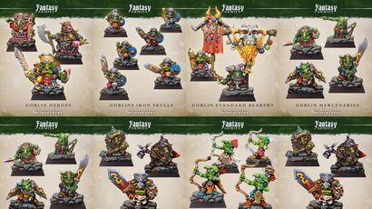 A collection of colorful goblin miniatures is displayed, featuring various character types including heroes, champions, standard bearers, and Iron Skulls. Each miniature is intricately designed, showcasing unique details and poses, with vibrant colors that highlight their personalities. The bottom section includes goblin archers and mercenaries, all presented on 25mm square bases, emphasizing their role in a fantasy warband or army.