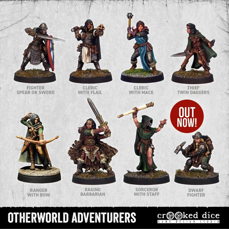 A collection of eight fantasy miniatures from Crooked Dice, featuring various adventurers. The figures include a Fighter wielding a spear or sword, two Clerics (one with a flail and another with a mace), a Thief with twin daggers, a Ranger with a bow, a Raging Barbarian, a Sorcerer holding a staff, and a Dwarf Fighter. The bottom of the image prominently displays the text 