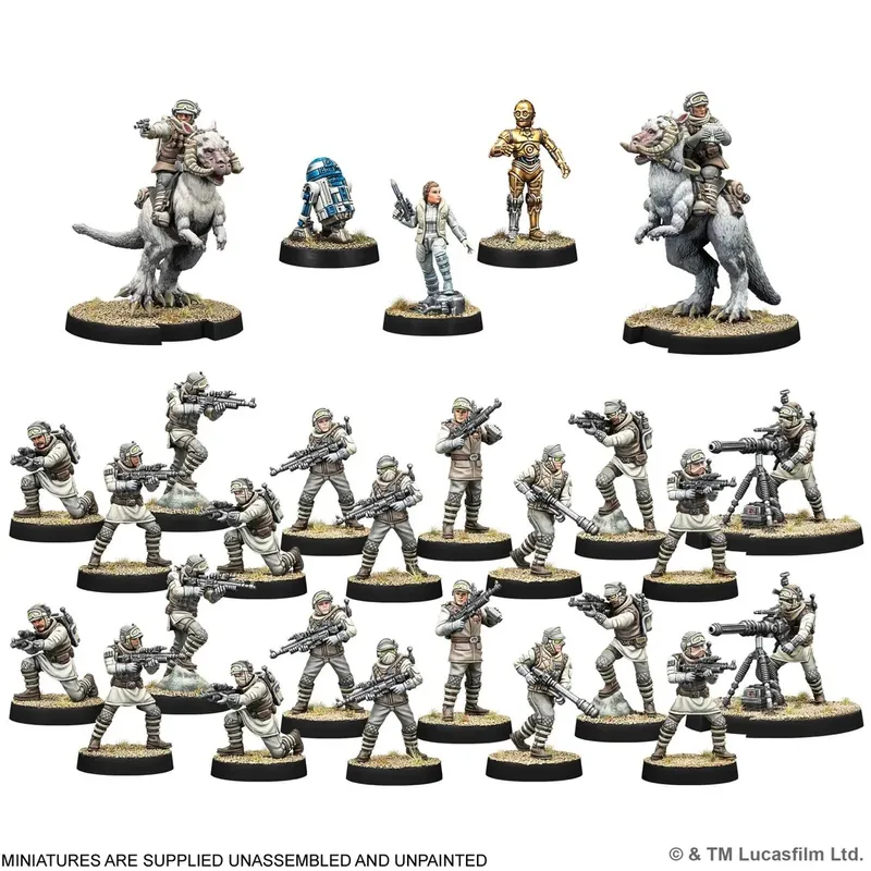 A collection of unassembled and unpainted Star Wars: Legion miniatures is displayed, featuring various characters and units from the Hoth setting. In the center, a Rebel soldier rides a Tauntaun, accompanied by R2-D2 and C-3PO, while several other Rebel soldiers are positioned around them, armed and ready for battle. The scene includes a mix of infantry and support units, all set against a base that mimics the snowy terrain of Hoth.
