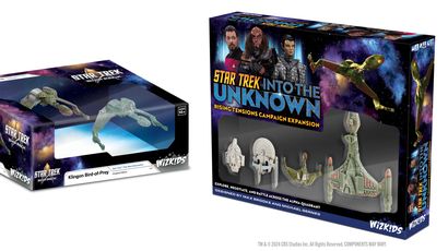 A boxed set titled "Star Trek: Into the Unknown - Rising Tensions Campaign Expansion" features a vibrant design with images of iconic characters, including Klingons and Federation officers. To the left, a separate box displays a cloaked starship model, labeled "Star Trek: The Next Generation - Cloaked Edition." The right side of the image showcases detailed miniatures of various starships, including a Klingon Bird-of-Prey and Federation vessels, emphasizing the game's focus on exploration and battle in the Alpha Quadrant.