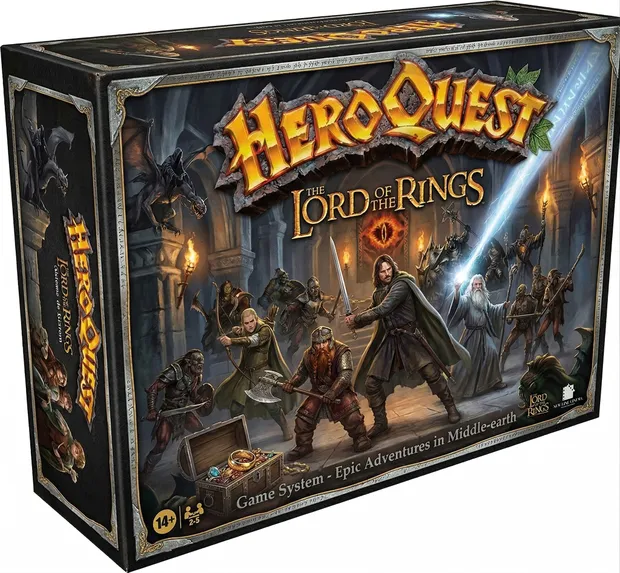 A box for "HeroQuest: The Lord of the Rings" features a dynamic illustration on the front, showcasing iconic characters from the series, including Aragorn, Legolas, and Gandalf, set against a dark, stone dungeon backdrop. The title is prominently displayed at the top, with the One Ring symbol glowing in the center. The box also includes a treasure chest filled with gold coins and jewels, hinting at the adventures within.