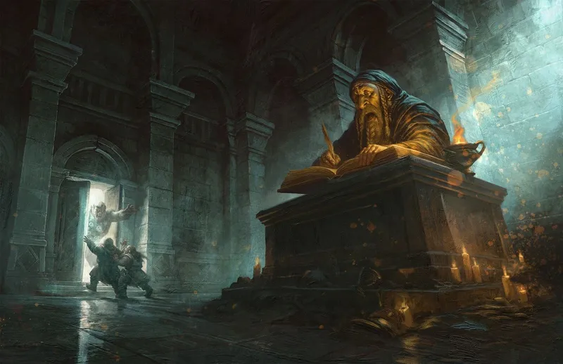 A dimly lit stone chamber features a large, ornate table with an open book, where a figure with a long beard and robes is seated, appearing to write or read. In the foreground, two figures are seen entering through a partially open door, one reaching out as if startled, while a ghostly figure emerges from the doorway, adding an element of tension. The architecture is grand, with tall columns and intricate stonework, enhancing the mysterious atmosphere of the scene.