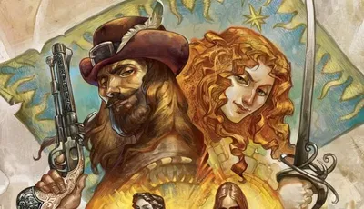 A vibrant illustration features four characters from the 7th Sea tabletop role-playing game, each embodying the swashbuckling spirit of the setting. On the left, a rugged man in a tricorn hat holds a pistol, while a confident woman with curly red hair brandishes a sword beside him. In the center, a woman in a green dress gestures with a quill, and to the right, a brooding figure in dark clothing stands with a serious expression. The background includes a stylized flag and hints of a fantastical cityscape, enhancing the adventurous atmosphere of Theah.