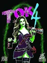 A stylized character with long hair, purple top, and green cybernetic arm holding a large gun. Background features glowing green text with "TOK 4" in large pink and cyan letters. Smaller text includes "Vast Grimm" and "Cybernetic." Character holds a can in left hand.