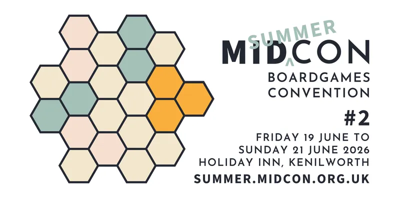 A promotional graphic for MIDCON, a board games convention, features bold text stating "MIDCON BOARDGAMES CONVENTION #2" prominently at the top. Below, the dates are listed as "FRIDAY 19 JUNE TO SUNDAY 21 JUNE 2026," with the location specified as "HOLIDAY INN, KENILWORTH." The word "SUMMER" is overlaid in a lighter green, and a yellow hexagon is positioned to the left of the text, adding a visual element to the design.