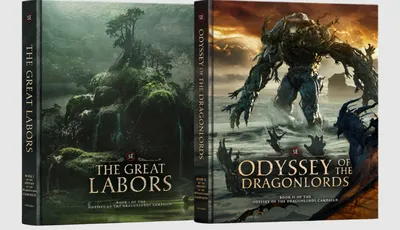 Two book covers: "The Great Labors" and "Odyssey of the Dragonlords" with fantasy art.