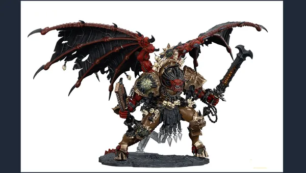A large, intricately detailed statue of Angron, the Daemon Primarch of Khorne, stands prominently. He features massive, bat-like wings and a fierce expression, with a head that appears relatively small compared to his muscular body. Adorned with skulls and ornate armor, he wields a large sword in one hand and a weapon in the other, standing on a textured base that enhances the dramatic effect of the figure. The color palette includes deep reds, blacks, and metallic tones, emphasizing his menacing presence.