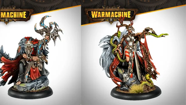 The image features two intricately designed miniatures from the Warmachine Khador Old Umbrey Auxiliary Expansion. On the left, a figure with a skeletal, branch-like appearance holds a staff, adorned with various textures and details. On the right, a witch, Olesea Reznikova, is depicted in a dynamic pose, wearing a mix of armor and flowing garments, with a serpent coiling around her arm and a dramatic backdrop of fur and foliage. Both miniatures are set against a light gradient background, emphasizing their detailed craftsmanship.