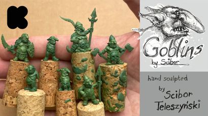 A collection of hand-sculpted goblin miniatures is displayed on cork bases, showcasing various poses and weapons, including a goblin wielding a spear and another with an axe. The miniatures are painted in a green hue, emphasizing their mischievous character. To the right, an illustration of a goblin's face accompanies the text "Goblins by Scibor" and "hand sculpted by Scibor Teleszyński."