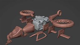 A collection of 3D model components for the LARC 2, a sci-fi utility VTOL, is displayed against a dark background. The parts include a streamlined cockpit, twin anti-grav rotors, and various modular accessories such as hardpoints and stabilizers, showcasing a mix of brown and silver colors. The arrangement highlights the modularity and adaptability of the design, emphasizing its potential for customization in tabletop gaming.