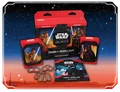 Star Wars Unlimited TCG box labeled "Spark of Rebellion" with Luke Skywalker and Darth Vader artwork. Two-player starter pack visible. Opened box shows cards with characters, dice, and a red token. Text reads "Star Wars Unlimited" and "Spark of Rebellion."