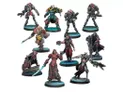 A collection of ten miniatures from the Combined Army Action Pack, showcasing a variety of sci-fi characters. The figures include a mix of humanoid and alien designs, featuring intricate details and vibrant colors, with some characters wielding weapons and others in dynamic poses. The miniatures are displayed on circular bases, set against a simple white background, emphasizing their unique designs and features.