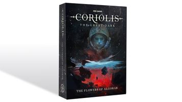 A visually striking book cover for "The Flowers of Algorab," part of the Coriolis: The Great Dark RPG, features a central figure in a space helmet, surrounded by a cosmic backdrop filled with stars and swirling colors. The lower portion of the cover displays a dramatic landscape with dark rocks and a figure standing at the edge, suggesting exploration and adventure. The title and publisher's name are prominently displayed at the top and bottom, enhancing the overall sci-fi aesthetic.