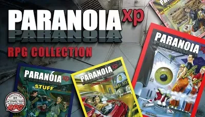 A collection of colorful PDF covers for the Paranoia XP tabletop role-playing game is displayed, featuring various illustrations that capture the game's dark humor and chaotic setting. The covers include titles like "Paranoia XP," "Stuff," and "Paranoia: The Computer," showcasing vibrant artwork with characters and futuristic elements. The background suggests a sci-fi environment, enhancing the theme of a deranged computer overseeing a failing underground city.