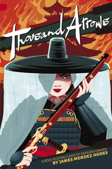 Woman in samurai armor and large hat holding a rifle, text "Thousand Arrows" above.