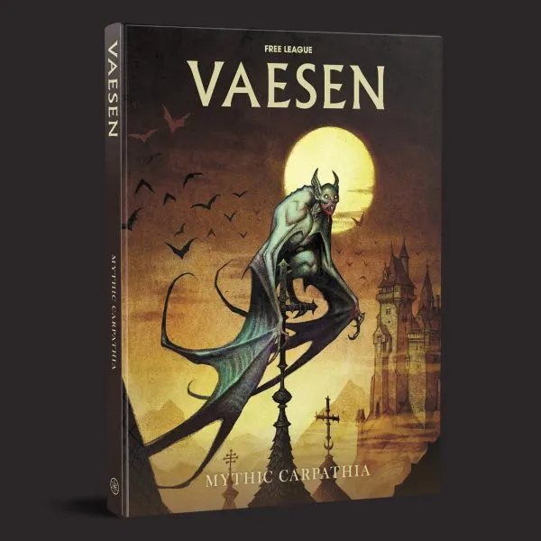 A book cover for "Vaesen: Mythic Carpathia" features a menacing creature with bat-like wings and a humanoid form, perched on a gothic spire. The background showcases a full moon illuminating a dark sky filled with bats, while a silhouette of a castle and mountains adds to the eerie atmosphere. The title "VAESEN" is prominently displayed at the top, with "MYTHIC CARPATHIA" at the bottom, all set against a muted color palette that enhances the spooky theme.
