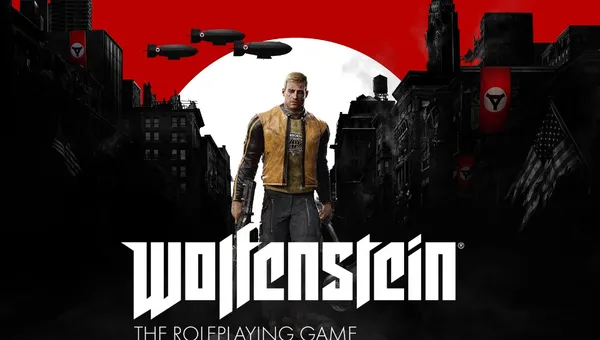 A muscular, blonde male character stands prominently in the foreground, wearing a yellow and black jacket, with a gun in one hand and a determined expression. Behind him, a dark, dystopian cityscape is visible, featuring crumbling buildings and Nazi flags, with ominous airships hovering in the sky. The title "WOLFENSTEIN" is displayed in bold white letters at the bottom, accompanied by the subtitle "THE ROLEPLAYING GAME."