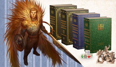 A heroic character stands prominently in the foreground, adorned in ornate armor with a striking feathered cape, holding a large sword and a shield. Behind him, several beautifully designed books are displayed, including titles like "Adventures in the Household" and "Volume II," each featuring distinct colors and elegant lettering. The background features a subtle striped pattern, enhancing the overall whimsical and adventurous theme of the scene.