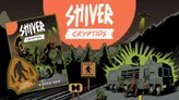 Cover art for "Shiver Cryptids" showing two mythical creatures in a forest setting. One creature has glowing red eyes and sharp claws, the other resembles a large, hairy humanoid. Text reads "SHIVER CRYPTIDS," "I SAW BIGFOOT," and "ROAD TRIP."