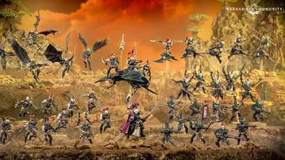 A dynamic display of Drukhari miniatures showcases a variety of figures, including the prominent Archon Lady Malys in the foreground, wielding a barbed longsword. Surrounding her are several lethal lieutenants and warriors, each adorned with intricate armor and weapons, set against a dramatic backdrop of rocky terrain and a fiery sky. The scene captures the essence of the Drukhari's dark and menacing aesthetic, highlighting their agility and deadly prowess in battle.