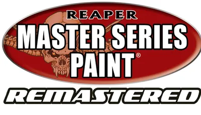 A bold logo features the text "REAPER MASTER SERIES PAINT" prominently displayed in large, white letters against a red oval background. Above the text, a stylized skull with horns adds a striking visual element, enhancing the theme of fantasy and adventure. Below, the word "REMASTERED" is presented in a sleek, modern font, emphasizing the updated nature of the paint line.
