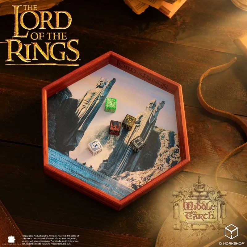 Hexagonal wooden dice tray with Lord of the Rings scene and dice inside.
