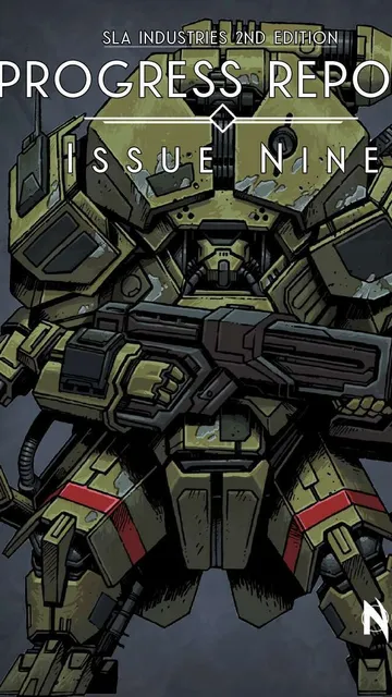 Green armored mech with red accents, holding a large gun labeled "DN". Text above: "PROGRESS REPORT ISSUE NINE".