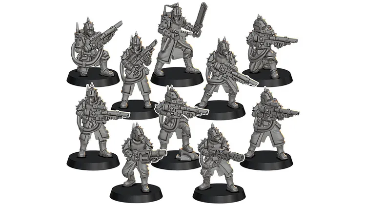 A collection of ten detailed miniatures stands on black bases, depicting spiky, renegade guardsmen from a grimdark sci-fi setting. Each figure is armed with various weapons, including rifles and a chainsaw, showcasing dynamic poses and distinctive armor adorned with spikes. The miniatures vary in stance and weaponry, emphasizing their roles as command, veterans, and grunts within the unit.