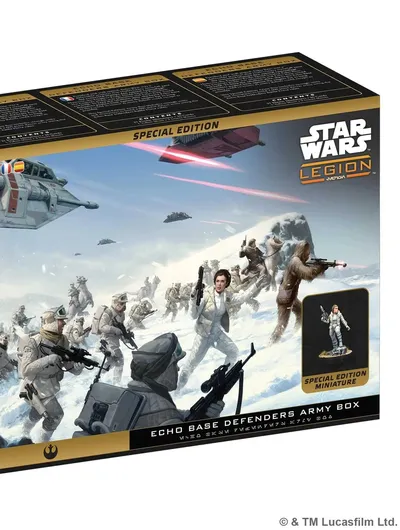 The box for the "Echo Base Defenders Army Box" features a dynamic illustration of Rebel soldiers in snowy terrain, equipped for battle on the icy planet Hoth. Prominently displayed is a Special Edition miniature of General Leia Organa, alongside various troopers and a Wampa in the background. The packaging includes the "Star Wars: Legion" logo and highlights the special edition status, with additional text in multiple languages on the top.