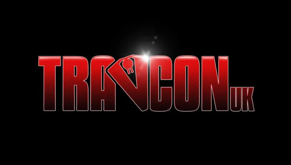 The image features the logo for "Travcon," prominently displayed in bold, red letters against a black background. The "TRA" portion of the logo is stylized, with a key symbol integrated into the letter "V," adding a unique touch. The overall design conveys a sense of excitement and adventure, fitting for a convention dedicated to the Science Fiction RPG game, Traveller.