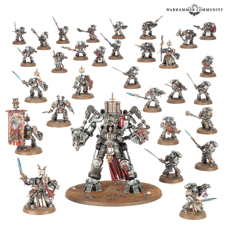 A detailed assembly of miniatures showcases a variety of Grey Knights and Black Templars figures. Prominently featured in the center is a large Venerable Dreadnought, flanked by several smaller models, including Paladins, Brotherhood Terminators, and various infantry armed with swords and banners. The figures are intricately painted in shades of silver and black, with red accents, set against a sandy base, creating a dynamic and visually striking display.