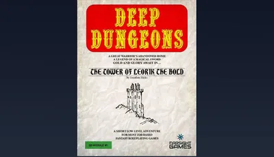 The image features the cover of the RPG adventure module titled "DEEP DUNGEONS DD1: The Tower of Leorik the Bold" by Jonathan Hicks. The cover has a textured, parchment-like background with bold red lettering for the title at the top. Below the title, a hand-drawn illustration of a tower is depicted, accompanied by the subtitle and author’s name in a smaller font. The bottom of the cover includes a green label indicating it as a short low-level adventure for fantasy roleplaying games, along with the logo of Farsight Games.