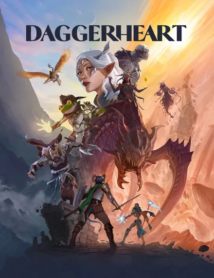 A fantasy-themed illustration featuring characters from the tabletop roleplaying game "DAGGERHEART," as displayed in bold, stylized text at the top. In the foreground, a woman with long, pale blue hair and pointed ears wears ornate, dark purple armor with gold accents. She holds a dagger in one hand and a glowing, spectral green weapon in the other. Behind her, a small, green-skinned creature with bat-like wings and large eyes clings to her shoulder.

To her left, a winged figure with golden armor and a sword flies upward, casting a bright light. Below, a muscular humanoid in heavy armor with a horned helmet wields a large hammer. Another armored figure with a skeletal, monstrous face and tattered wings stands nearby, holding a jagged weapon. In the lower right, a smaller character in blue clothing and a hood holds a glowing blue orb in one hand and a staff in the other.

The setting appears to be a rocky, mountainous landscape with a warm, orange sky and distant cliffs. Several shadowy, bat-like creatures fly in the background.