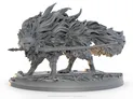A highly detailed gray miniature of a large, wolf-like creature with flowing fur and a fierce expression, poised on a circular base. The creature has a long, curved sword embedded in its side, adding to its menacing appearance. The base features intricate textures, resembling cracked stone, enhancing the overall dramatic effect of the figure.
